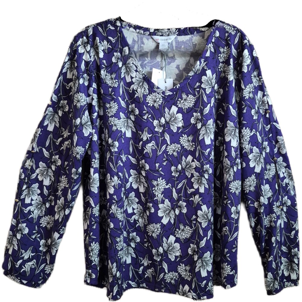 Liz Claiborne Women's Blouse Size XXL Purple Floral Cold Shoulder Sleeve NWT